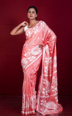 Hand Embroidery Blended Silk Kantha Work Saree in Dark Coral and Off White Thread Work