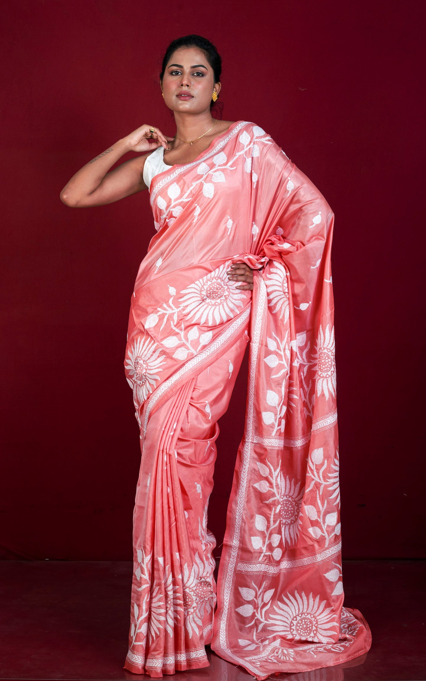 Hand Embroidery Blended Silk Kantha Work Saree in Dark Coral and Off White Thread Work
