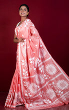 Hand Embroidery Blended Silk Kantha Work Saree in Dark Coral and Off White Thread Work