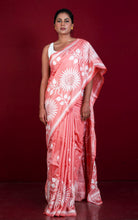 Hand Embroidery Blended Silk Kantha Work Saree in Dark Coral and Off White Thread Work 