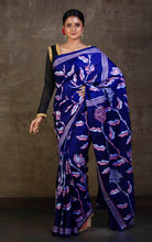 Hand Embroidery Blended Silk Kantha Work Saree in Royal Blue, Pink and Off White Thread Work