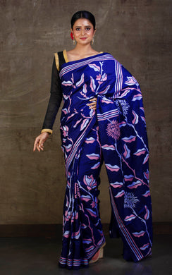 Hand Embroidery Blended Silk Kantha Work Saree in Royal Blue, Pink and Off White Thread Work