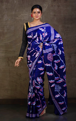 Hand Embroidery Blended Silk Kantha Work Saree in Royal Blue, Pink and Off White Thread Work