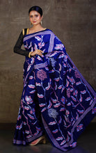 Hand Embroidery Blended Silk Kantha Work Saree in Royal Blue, Pink and Off White Thread Work