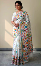 Hand Embroidery Blended Silk Kantha Work Saree in White. Sea Green and Multicolored Thread Work