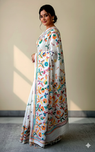 Hand Embroidery Blended Silk Kantha Work Saree in White. Sea Green and Multicolored Thread Work