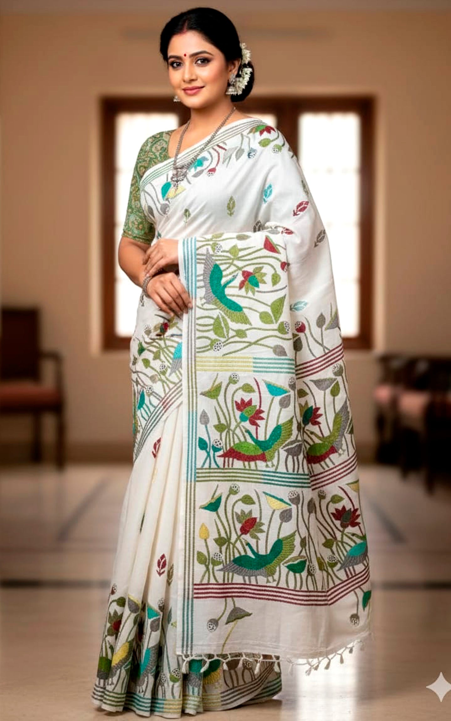 Hand Embroidery Blended Silk Kantha Work Saree in White. Maroon and Multicolored Thread Work