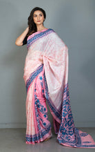 Hand Embroidery Kanthastitch Work Blended Bangalore Batik Silk Saree in Off White, Soft Pink and Yale Blue