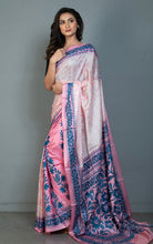 Hand Embroidery Kanthastitch Work Blended Bangalore Batik Silk Saree in Off White, Soft Pink and Yale Blue