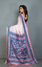 Hand Embroidery Kanthastitch Work Blended Bangalore Batik Silk Saree in Off White, Soft Pink and Yale Blue