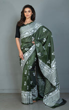 Hand Embroidery Blended Silk Kantha Work Saree in Rifle Green and Off White Thread Work