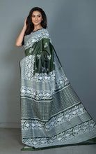 Hand Embroidery Blended Silk Kantha Work Saree in Rifle Green and Off White Thread Work