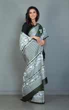 Hand Embroidery Blended Silk Kantha Work Saree in Rifle Green and Off White Thread Work