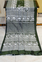 Hand Embroidery Blended Silk Kantha Work Saree in Rifle Green and Off White Thread Work