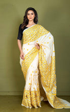Premium Quality Handwoven Mahapar Border Hand Embroidery Kantha Work on Pure Gachi Tussar Saree in Beige, Bright Yellow and Black Thread Work