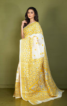 Premium Quality Handwoven Mahapar Border Hand Embroidery Kantha Work on Pure Gachi Tussar Saree in Beige, Bright Yellow and Black Thread Work
