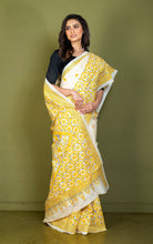 Premium Quality Handwoven Mahapar Border Hand Embroidery Kantha Work on Pure Gachi Tussar Saree in Beige, Bright Yellow and Black Thread Work