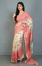 Premium Quality Handwoven Mahapar Border Hand Embroidery Kantha Work on Pure Gachi Tussar Saree in Beige, Red and Black Thread Work