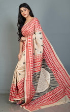Premium Quality Handwoven Mahapar Border Hand Embroidery Kantha Work on Pure Gachi Tussar Saree in Beige, Red and Black Thread Work