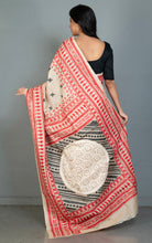 Premium Quality Handwoven Mahapar Border Hand Embroidery Kantha Work on Pure Gachi Tussar Saree in Beige, Red and Black Thread Work