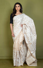 Premium Quality 3ply Hand Embroidery Kantha Work on Pure Gachi Tussar Saree in Warm Beige and Off White Thread Work