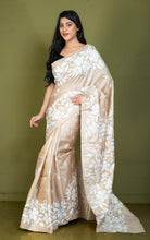 Premium Quality 3ply Hand Embroidery Kantha Work on Pure Gachi Tussar Saree in Parmesan Beige and Off White Thread Work
