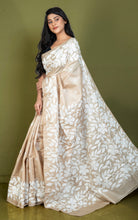 Premium Quality 3ply Hand Embroidery Kantha Work on Pure Gachi Tussar Saree in Parmesan Beige and Off White Thread Work