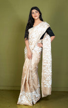 Premium Quality 3ply Hand Embroidery Kantha Work on Pure Gachi Tussar Saree in Parmesan Beige and Off White Thread Work
