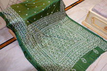 Hand Embroidery Kutch Work Blended Bangalore Silk Saree in Military Green and Off White Thread Work