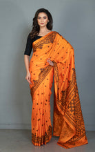 Hand Embroidery Kutch Work Blended Bangalore Silk Saree in Cadium Orange and Black Thread Work