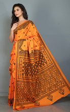 Hand Embroidery Kutch Work Blended Bangalore Silk Saree in Cadium Orange and Black Thread Work