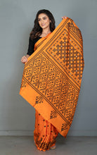 Hand Embroidery Kutch Work Blended Bangalore Silk Saree in Cadium Orange and Black Thread Work