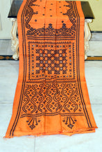 Hand Embroidery Kutch Work Blended Bangalore Silk Saree in Cadium Orange and Black Thread Work