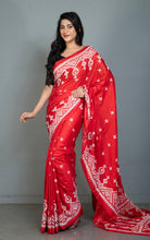 Hand Embroidery Kutch Work Blended Bangalore Silk Saree in Red and Off White Thread Work