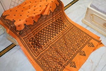 Hand Embroidery Kutch Work Blended Bangalore Silk Saree in Cadium Orange and Off White Thread Work