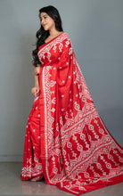 Hand Embroidery Kutch Work Blended Bangalore Silk Saree in Red and Off White Thread Work