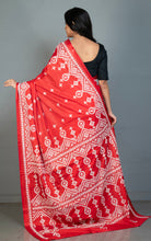 Hand Embroidery Kutch Work Blended Bangalore Silk Saree in Red and Off White Thread Work