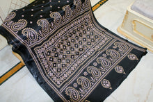Hand Embroidery Kutch Work Blended Bangalore Silk Saree in Black, Khaki and Flush Pink Thread Work