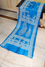 Hand Embroidery Kutch Work Blended Bangalore Silk Saree in Water Blue and Off White Thread Work