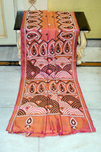 Hand Embroidery Kutch Work Blended Bangalore Silk Saree in Peach, Off White and Black Thread Work