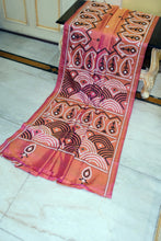 Hand Embroidery Kutch Work Blended Bangalore Silk Saree in Peach, Off White and Black Thread Work