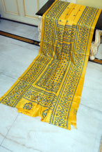 Hand Embroidery Kutch Work Blended Bangalore Silk Saree in Yellow and Chathams Blue Thread Work