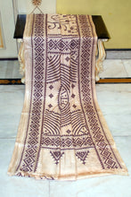 Hand Embroidery Kutch Work Blended Bangalore Silk Saree in Parmesan and Woddy Brown Thread Work