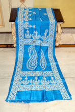 Hand Embroidery Kutch Work Blended Bangalore Silk Saree in Water Blue and Off White Thread Work