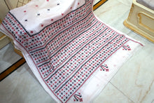 Hand Embroidery Kutch Work Blended Bangalore Silk Saree in White, Dark Red and Black Thread Work