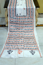 Hand Embroidery Kutch Work Blended Bangalore Silk Saree in White, Black and Matte Orange Thread Work