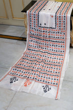 Hand Embroidery Kutch Work Blended Bangalore Silk Saree in White, Black and Matte Orange Thread Work