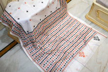 Hand Embroidery Kutch Work Blended Bangalore Silk Saree in White, Black and Matte Orange Thread Work