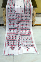 Hand Embroidery Kutch Work Blended Bangalore Silk Saree in White, Dark Red and Black Thread Work