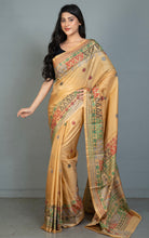 Hand Embroidery Lambani Stitch Work Blended Silk Saree in Parmesan, Green and Multicolored